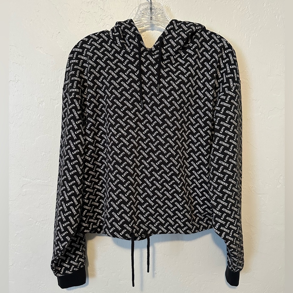 NWT KAPPA Womens S Oversized Black Logo Hoodie Sweatshirt Pullover AOP Cropped